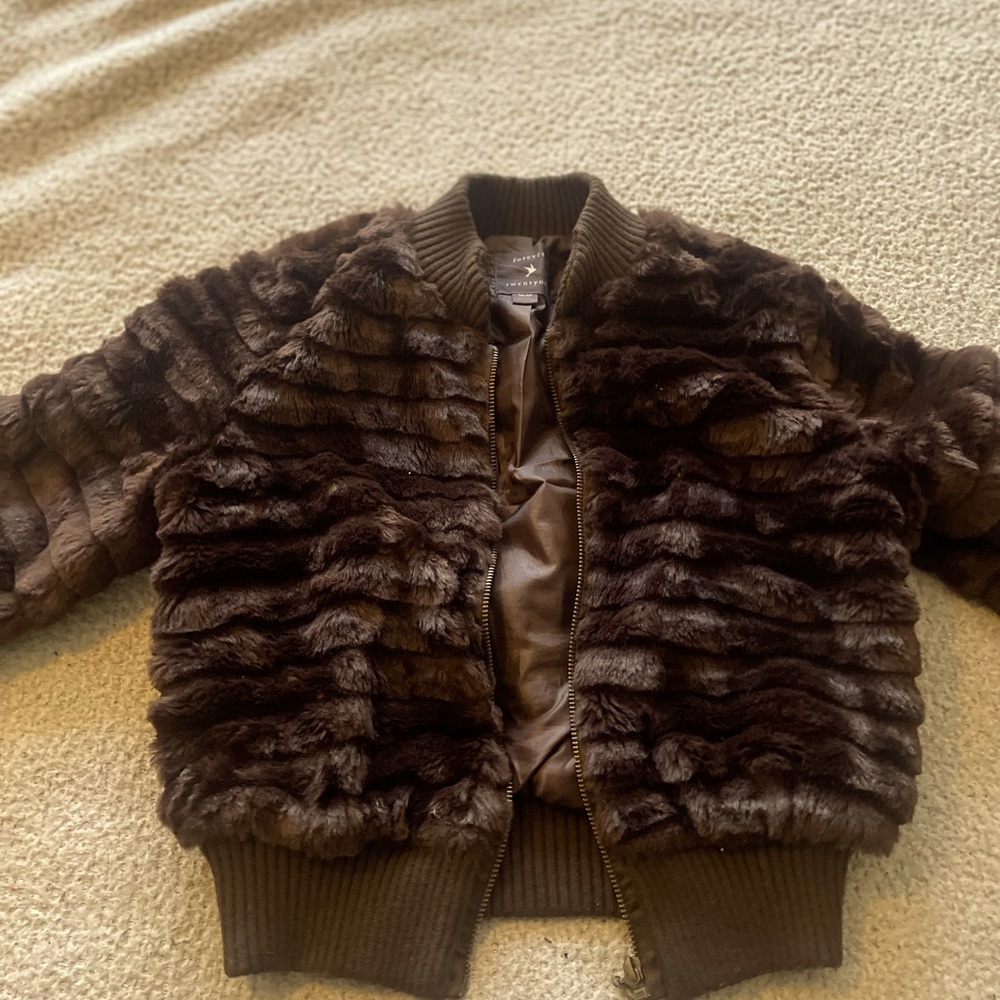 Brown faux fur bomber jacket
